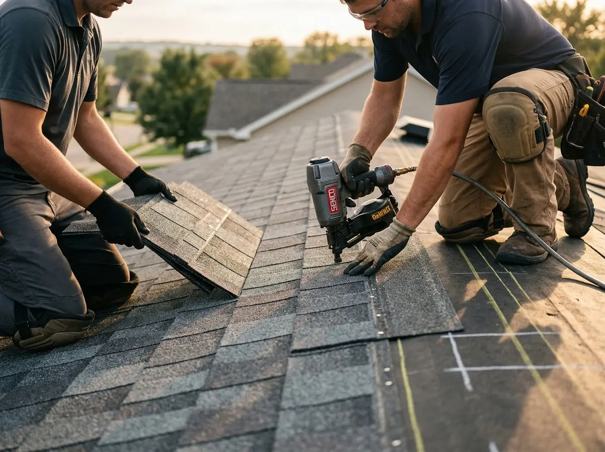 Professional roofer working on a residential roof in Granite Shoals